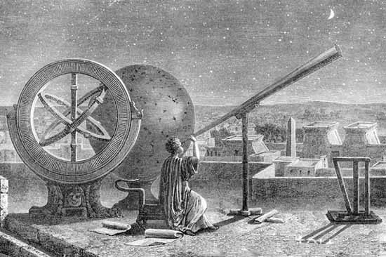 Ancient astronomer and astrologer observe the night sky in Alexandria