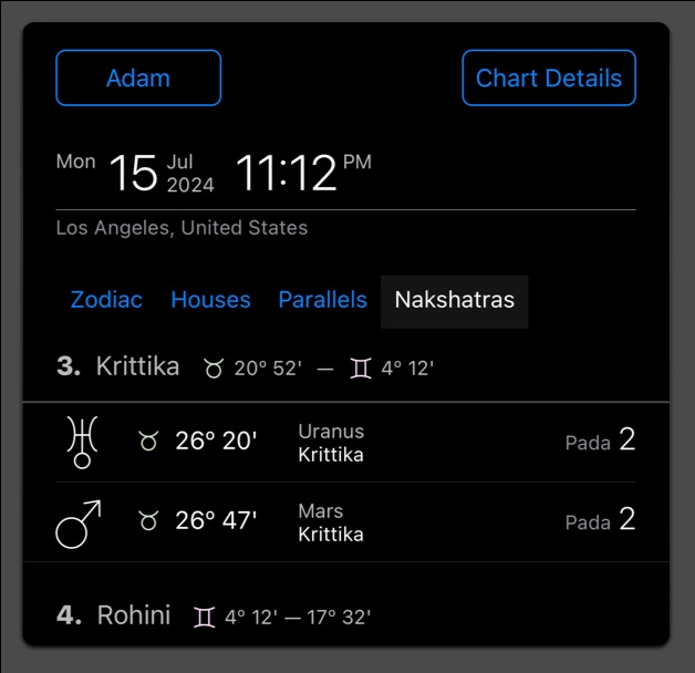The nakshatra lunar mansion component in the Chart Details report.