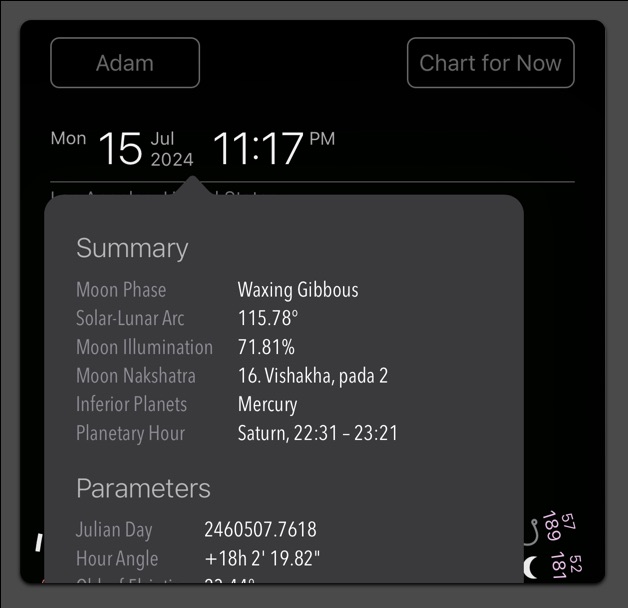 Current Moon nakshatra listing in the Chart Numeric Details report.