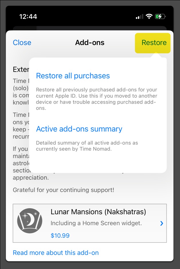 Restore purchases functionality of the Time Nomad app