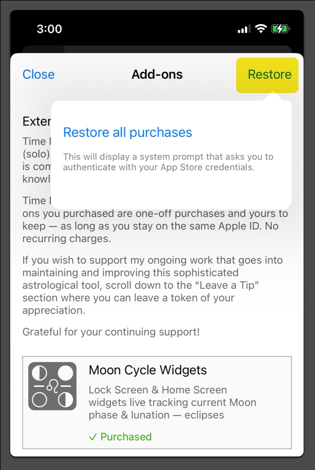 Restore purchases functionality of the Time Nomad app