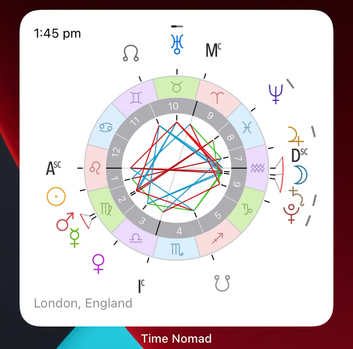 Multiple astrological chart widgets stacked on the home screen