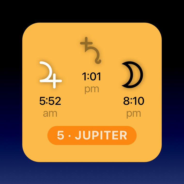 Planetary hour widget showing the day of Jupiter