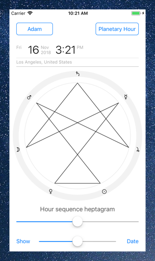 Time Nomad planetary hour calculator heptagram ordered by hours