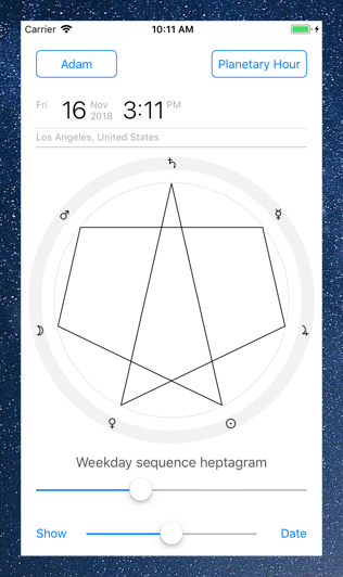 Time Nomad planetary hour calculator heptagram ordered by weekdays