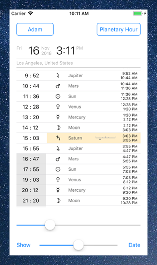 Time Nomad planetary hour calculator list view