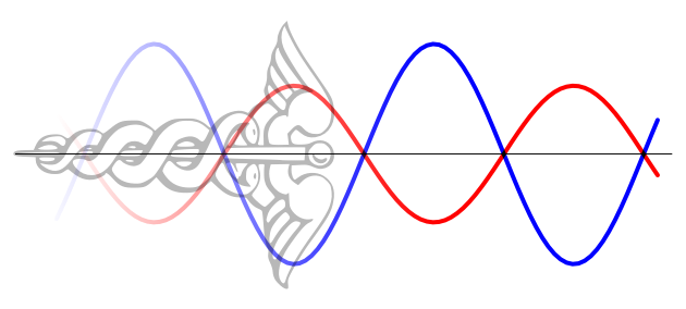 Caduceus staff of Mercury with sine waves overlayed