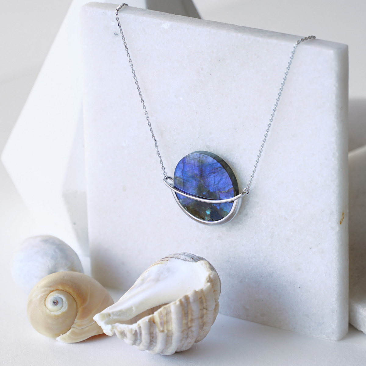 Labradorite natural gemstone silver circle designer necklace by Gems In Style jewellery