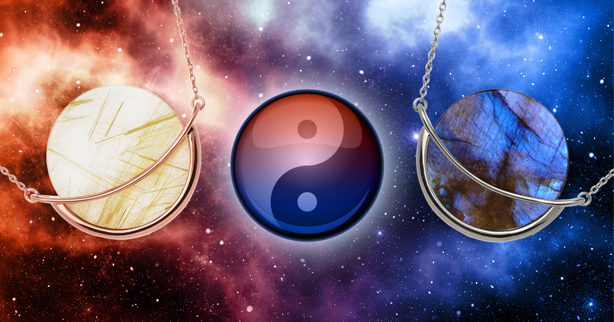Gemstone jewellery and Ying Yang principle against cosmic background