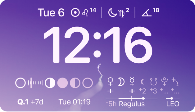 Sun & Moon zodiac sign and degree, Moon phase and lunation widgets for iOS or iPadOS Lock Screen.