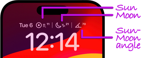 Lock Screen rectangluar accessory widget displaying Sun and Moon zodiac signs, degrees and a solar-lunar arc which is the angle between the Sun and the Moon.