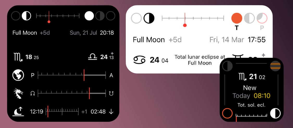 Large, medium and small size Home Screen Widget displaying Moon phase along with additional parameters.