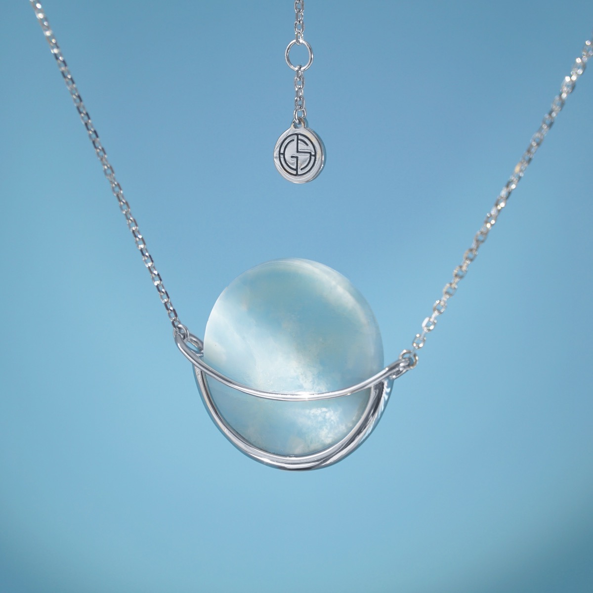 Larimar natural gemstone silver circle designer necklace by Gems In Style jewellery