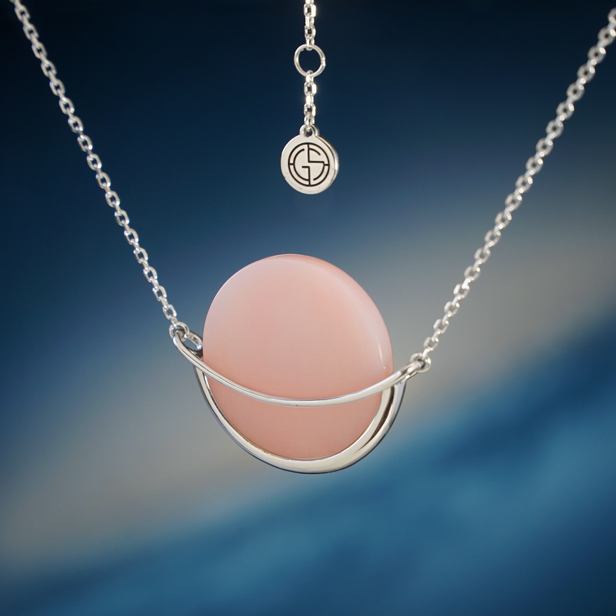 Pink Opal natural gemstone silver circle designer necklace by Gems In Style jewellery