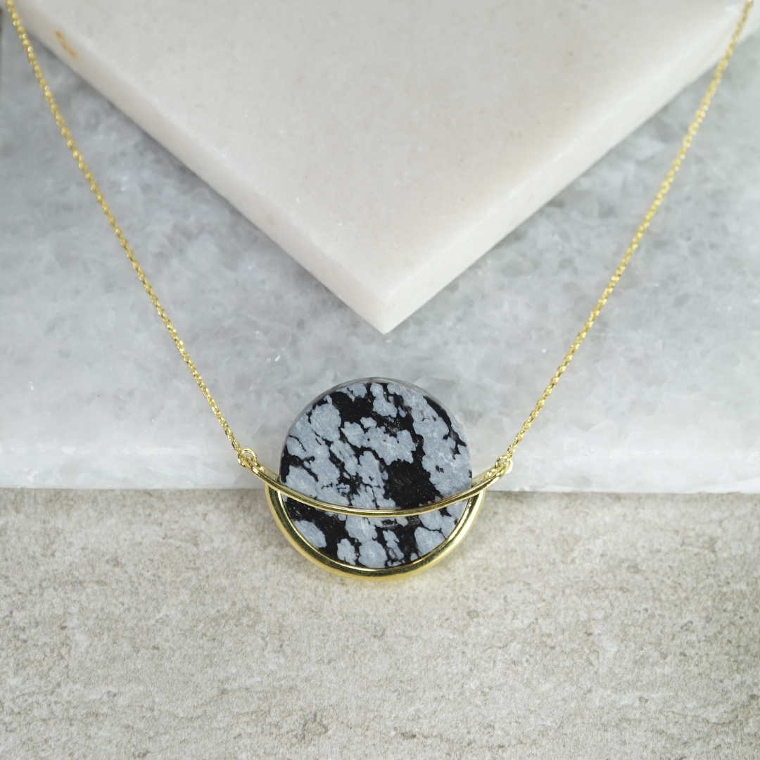 Snowflake Obsidian natural gemstone silver circle designer necklace by Gems In Style jewellery