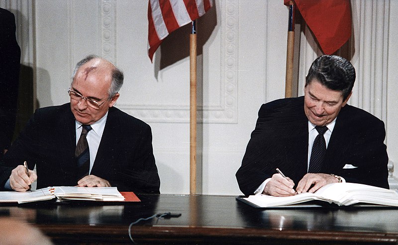 President Reagan and General Secretary Gorbachev signing the INF Treaty in the East Room of the White House.