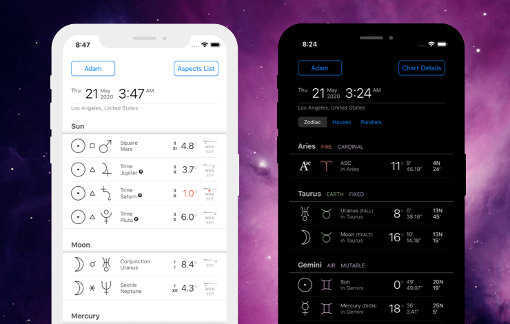 Astrological software on mobile phone with light and dark themes
